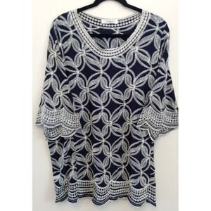 SOLITAIRE Embroidered Tunic BOHO Navy Blue & Ivory Scalloped Hem Relaxed Airy